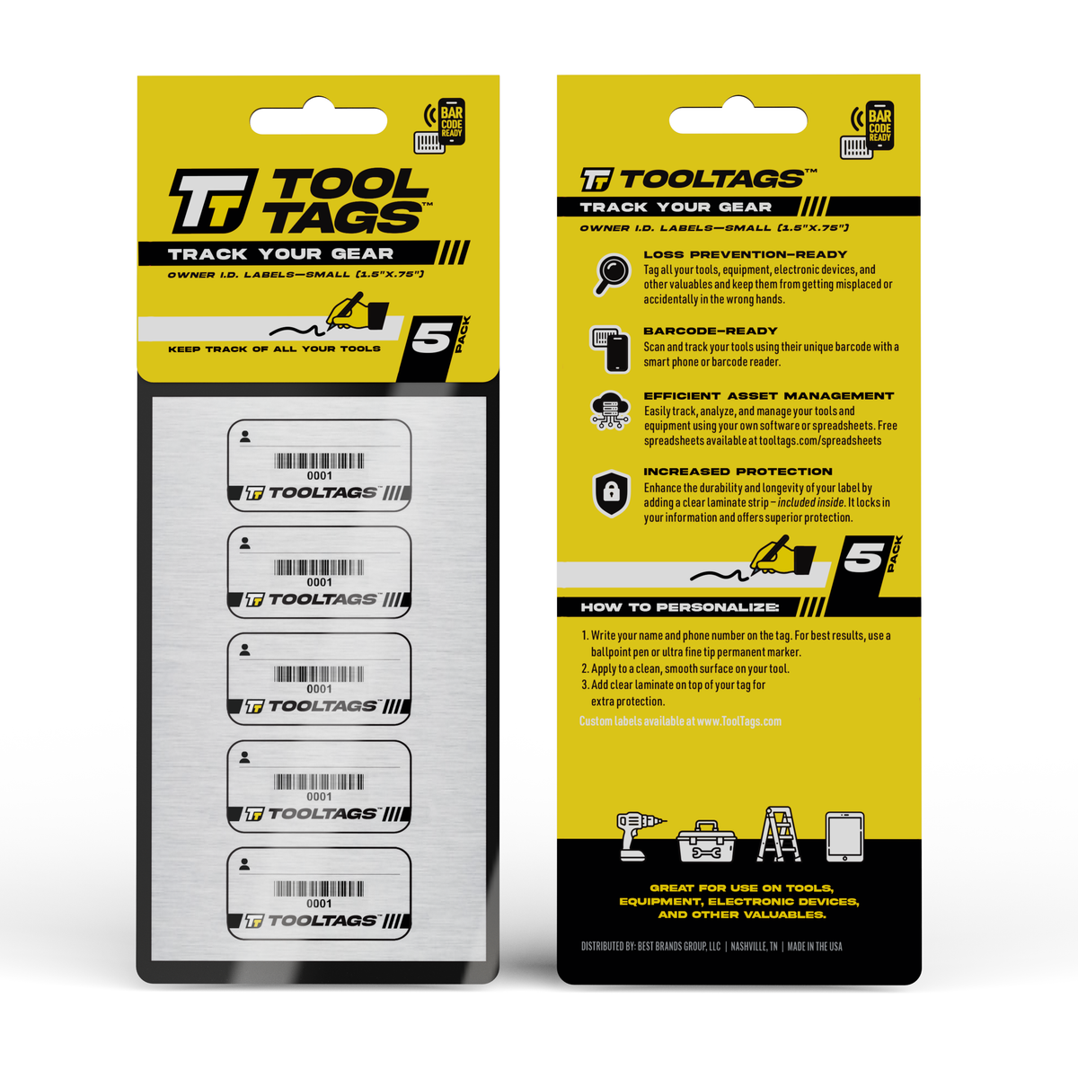 ToolTags® Barcode Labels - Personalized Owner ID Labels - Includes Optional Laminate - Size: SMALL (5 Labels)